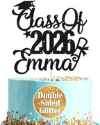 EDSG Personalized Graduation Cake Topper Class of 2026 Double Sided Glitter Cake Toppers Custom Congrats Graduation Cake Decorations with Any Name (Black)