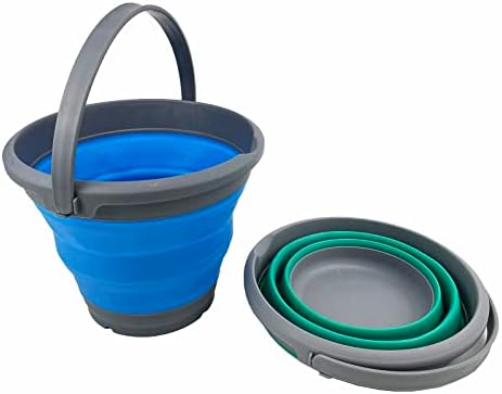 SAMMART 5.5L (1.4 Gallon) Set of 2 Collapsible Plastic Bucket - Foldable Round Tub - Portable Fishing Water Pail - Space Saving Outdoor Waterpot. (Bluish-Green + Blue)