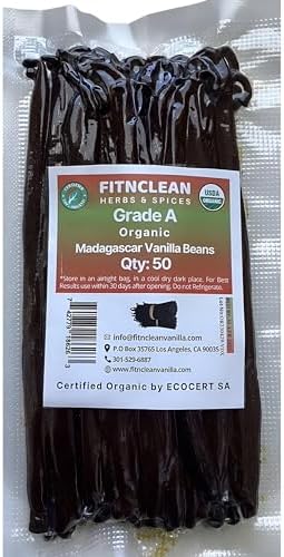 50 Organic Grade A Madagascar Vanilla Beans. Certified USDA Organic for Extract and All Things Vanilla. ~5" by FITNCLEAN VANILLA. Bulk Fresh NON-GMO Pods.