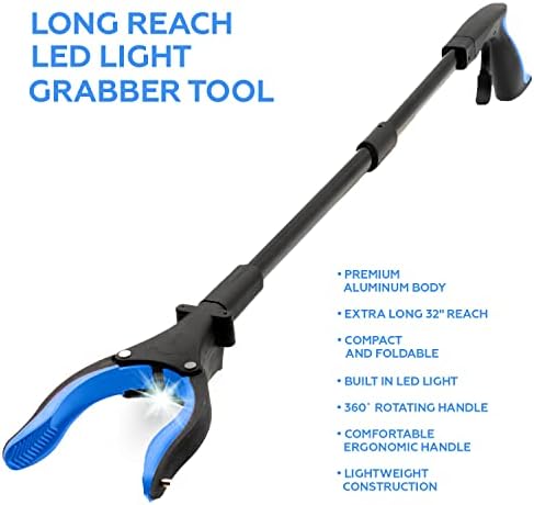 Grabber Reacher Tool-Long 32 Inch Aluminum Foldable Pick Up Stick-Strong Grip Shelves LED Light Magnetic Tip, Lightweight Trash Picker Claw Reacher Grabber Tool for Elderly - by Luxet (32 Inch, Blue)