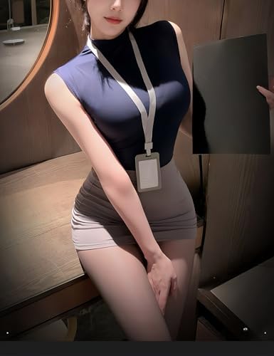 Women's Sexy Secretary Uniform Lure Costume Office Lady Cosplay Tank Top and Mini Skirt Set With Badge and Open Stockings