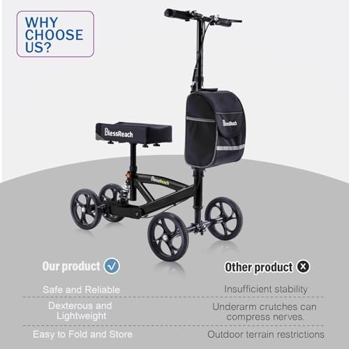 BlessReach Steerable Knee Walker Deluxe Medical Scooter for Foot Injuries Compact Crutches, with Dual Rear on-Wheel Brake and Shock Absorption Under The Knee pad, Black