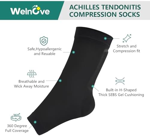 Welnove Achilles Tendonitis Heel Protector Sleeves H-Shape Achilles Tendon Support Compression Gel Padded Sleeve Socks for Cushion of Bursitis, Tendonitis, Tenderness, Dry Cracked - Black,Regular