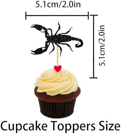 W Scorpion Cupcake Topper for Reptile Insects Theme Party Favors Decorations Cheer to Men Women Happy Birthday Party Decor Supplies set 18pcs Black Glitter
