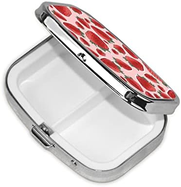 Pill Case Pill Box with Mirror Silver Pocket 2 Compartment Medicine Case Vitamin Pill Organizer for Pocket Purse and Travel Gifts - Strawberry Fruit Pink
