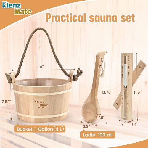 6 Pcs Sauna Accessories Kit, Wooden Sauna Bucket and Ladle Set, Thermometer Hygrometer, Sauna Hourglass Timer, Sauna Brush & Pumice Stone, Home Sauna Accessories Set, 1 Gallon Bucket, Handmade