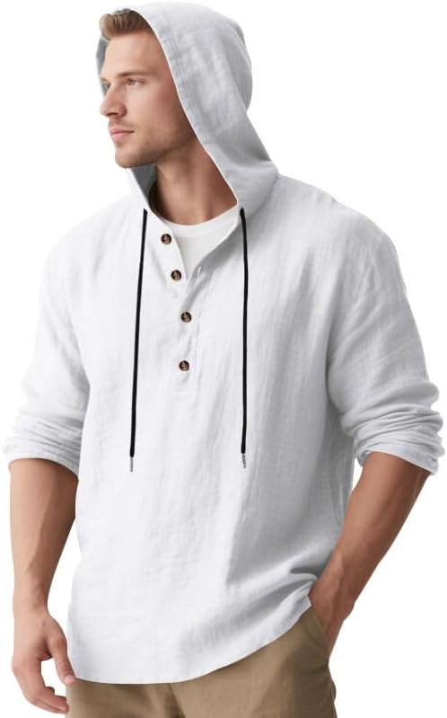 Mens Cotton Linen Hoodies Long Sleeve Button Down Shirts Casual Hawaiian Beach Yoga Sweatshirts