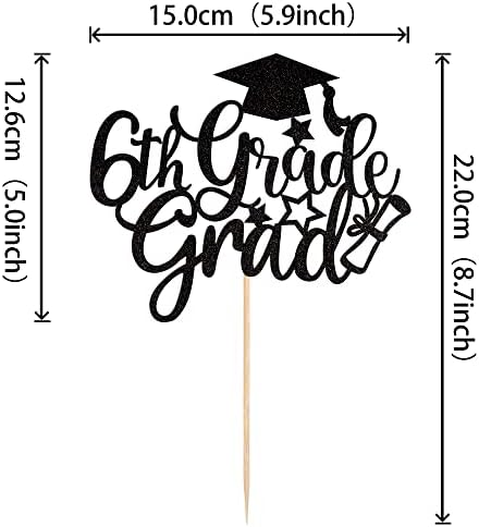 1 PCS 6th Grade Grad Cake Topper with Glitter Diploma Cap 6th Grade Graduation Cake Pick Class of 2026 Cake Decorations for 2026 Boys Girls Sixth Grade Graduation Party Supplies Black