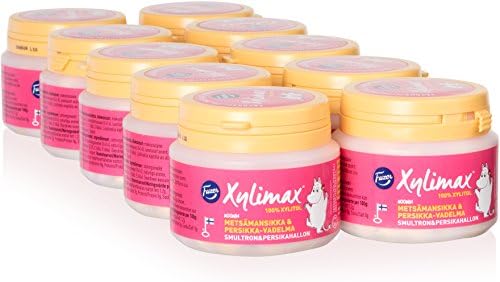 10 Jars x 90 g of Fazer Xylimax Moomin Wild Strawberry - Peach - Raspberry - 100% Xylitol - Pastilles - Dragees - Drops