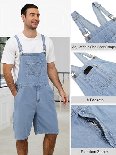 Men's Denim Overalls Cargo Jean Shorts Jumpsuit Loose Fit Work Bib Coveralls with Zipper