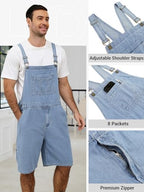 Men's Denim Overalls Cargo Jean Shorts Jumpsuit Loose Fit Work Bib Coveralls with Zipper