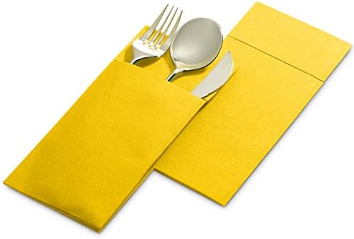50-Pack Disposable Linen-Feel Dinner Napkins with Built-in Flatware Pocket, YELLOW Prefolded Cloth Like Paper Napkins For Dinner, Wedding Or Party [Silverware NOT Included]