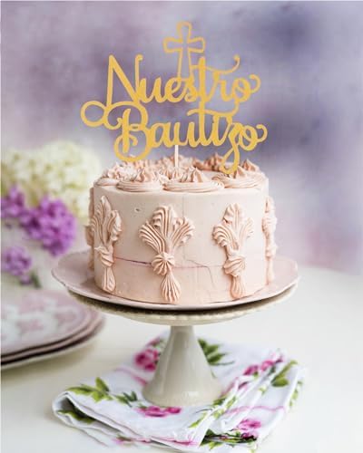Gold Nuestro Bautizo Cake Topper - Spanish Baptism Glitter Cake Decorations, Mi Bautizo Cake Topper, Baby Shower Party Decoration Supplies