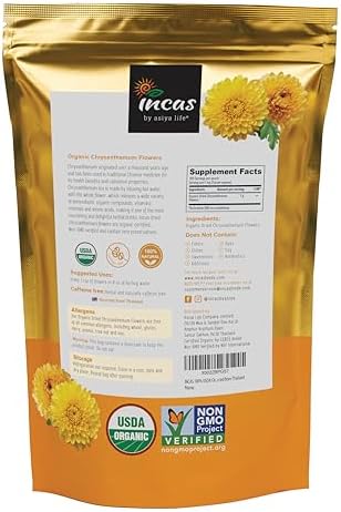 INCAS 100% USDA Organic Chrysanthemum Tea 3.53 oz (100 g) Non GMO Verified Dried Flowers Caffeine Free Gluten Free Vegan Rich in Antioxidants Sourced from Thailand