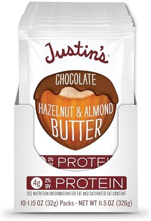 Justin's Chocolate Hazelnut & Almond Butter Squeeze Pack, Organic Cocoa, Gluten-free, Responsibly Sourced, Packaging May Vary, 1.15 Ounce (Pack of 10)