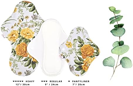 Lilind® 6 Pack Organic Cloth Pads, Regular 9 inch 100% Cotton Reusable Menstrual Sanitary Napkins, Free Wet bag, Complete set, Zero waste