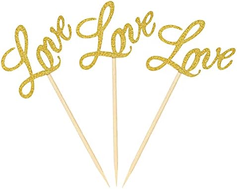 Love Cupcake Toppers, 48Pcs Gold Glitter Dessert Food Cake Picks for Baby Shower Wedding Engagement Bridal Birthday Party Supplies