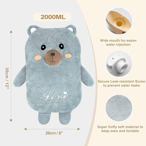 Hot Water Bottle wtih Cover, Hot Water Bag, 2L Rubber Warm Hot Water Bottles Pouch with Soft Waist Cover for Neck, Shoulder, Back, Hand, Legs and Period Pain Relief