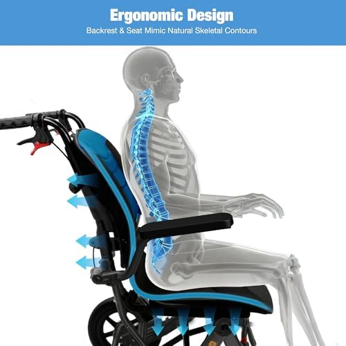 Wheelchairs for Adults Ergonimic Transport Chair Lightweight Foldable with Telescopic Handle 11-inch Big Wheels for All Terrains Travel Wheelchair with Removable Cushion