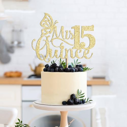 Mis Quince Cake Topper, 15th Birthday Decorations, Gold Glitter, 1 Piece