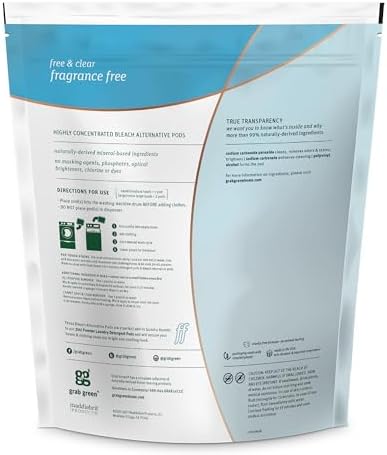 Grab Green Bleach Alternative Pods, 60 Count, Chlorine Free, Fragrance Free, Plant and Mineral Based, Laundry Booster to Brighten Whites, Removes Stains, Neutralizes Odors