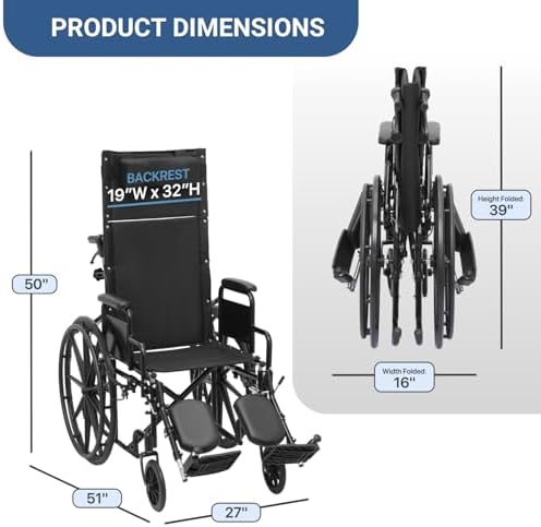 High Back Foldable Transport Wheelchair for Adults 300-lbs Heavy-Duty Folding Self-Propelled Wheel Chair with Removable Headrest Swing-Away Adjustable Footrest, Black 18.5-inch Reclining Seat