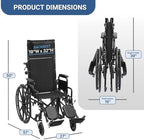 High Back Foldable Transport Wheelchair for Adults 300-lbs Heavy-Duty Folding Self-Propelled Wheel Chair with Removable Headrest Swing-Away Adjustable Footrest, Black 18.5-inch Reclining Seat