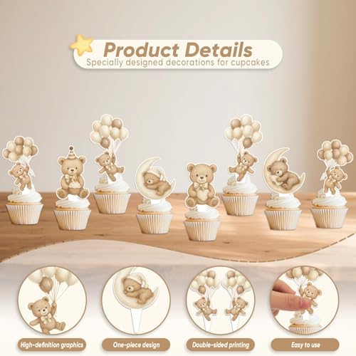 36 Pcs Bear Cupcake Toppers, Brown Bear Baby Shower Decorations, We Can Bearly Wait Cake Topper for Gender Reveal Party Supplies