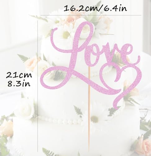 Love Cake Topper - Pink Glitter Paper Wedding Cake Decoration Supplies, Perfect for Bridal Shower/Engagement/Anniversary/Birthday Party