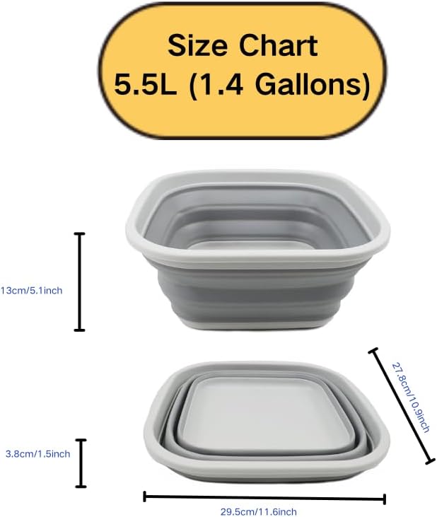 SAMMART 5.5L (1.4 Gallons) Collapsible Tub - Foldable Dish Tub - Portable Washing Basin - Space Saving Plastic Washtub (Grey)