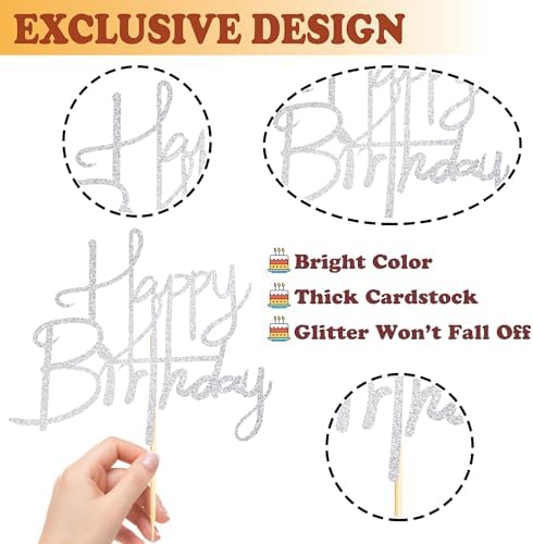 Sotpot Happy Birthday Cake Topper Silver Glitter Happy Birthday Cake Topper for Birthday Anniversary Party Cake Decorations Supplies