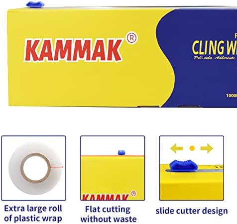 KAMMAK Plastic Wrap with Slide Cutter - 12 Inch Food Service Cling Film Roll - Clear Refillable Stretch Film - 1000 SQ FT Wrap - Bulk Quick Cut for Restaurant, Kitchen