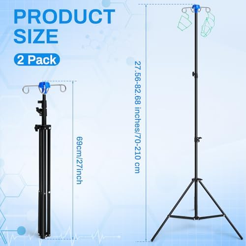 TrelaCo 2 Pcs Portable IV Pole Stand Collapsible Drip Bag Pole Rack Foldable, Aluminum Alloy, 4 Hooks 3 Legs, Adjustable Height for Travel, Hospitals Clinics Wheelchairs Beds