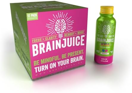 BrainJuice Kids Brain & Immune Support Shot, Gluten Free Supplement Shots for Energy, Focus, Immunity with Vitamin D, C, B, Alpha GPC & Organic Ginger Root, Ages 5+, Dragon Berry, 2.5 fl oz, 12 Pack