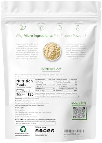 North America Grown, Organic Pea Protein Powder, 1KG (2.2 Pounds) | Plant-Based Vegan Protein, Meatless Protein Supplement, Natural Branched Chain Amino Acids | Non-GMO, Soy Free