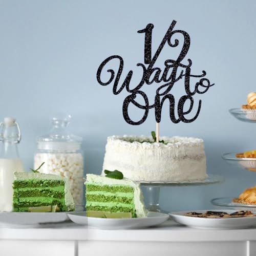1/2 Way to One Cake Topper,Happy 6 Months Cake Decorations,Half Way to One Cake Topper,Baby Boys Girls 6 Months Birthday Party Decorations (Black Glitter)