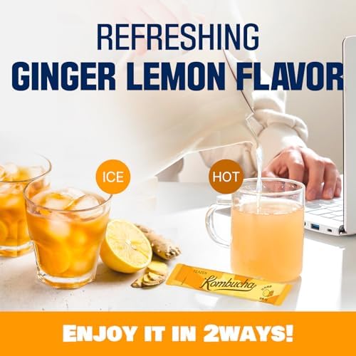 TEAZEN Lemon Ginger Hot Kombucha Tea, Spice Tea, Live Probiotics & Postbiotics, Relaxation and Warmth for Colds and Sore Throat, Hydration Drink Mix, Sugar Free, On-the-Go 10 Packets, 1.76oz