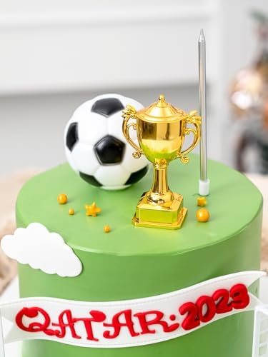 4 Pieces Soccer Theme Cake Decorations Soccer Birthday Party Cake Toppers, 2Pcs Plastic Soccer Ball and 2Pcs Plastic Championship Trophy, Football Party Cake Decor