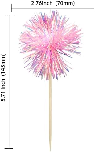 Gyufise 30Pcs Foil Firework Cupcake Toppers Sparkle Tinsel Cake Toppers Tinsel Drink Cake Decoration Cocktail Picks for Birthday Wedding Graduation Party Supplies Dark Pink