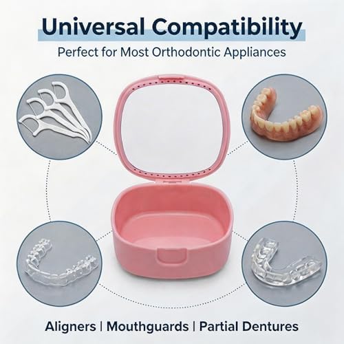 Ocircle Retainer Case with Mirror & Ventilation Holes, Compatible with Invisalign, Portable Mouth Guard Dental Storage Container, Compact Travel-Friendly Denture & Aligner Case(Pink)