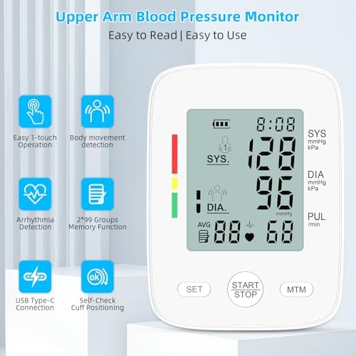 AILE Blood Pressure Monitor, Upper Arm Blood Pressure Machine, Automatic Blood Pressure Monitors for Home Use BP Monitors with Large Cuff 8.7-16.5” Adjustable, 2 * 99 Sets Memory, Digital LCD Display