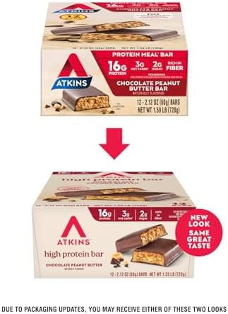 Atkins Chocolate Peanut Butter Protein Meal Bar, High Fiber, 16g Protein, Low Sugar, 3g Net Carb, Low Carb, Keto Friendly, 12 Count