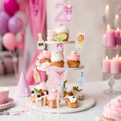 Hahafelt 30 Kit Happy 21st Birthday Cupcake Toppers, Twenty One Cupcake Picks Cheers to 21 Years Old Pink Champagne Wine Bottle 21st Birthday Decorations for Anniversary Party