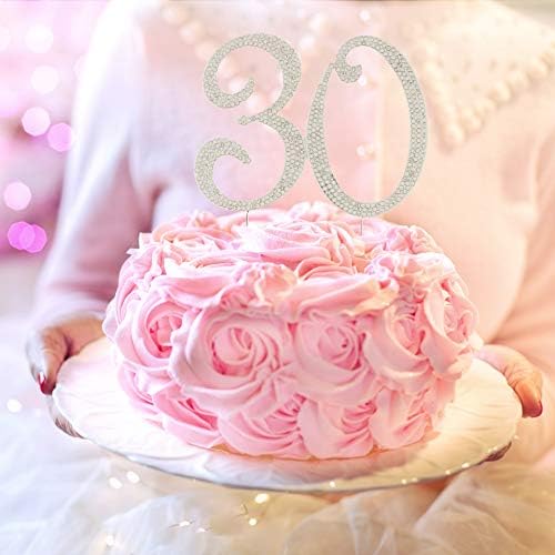 Ella Celebration 30 Cake Topper for 30th Birthday or Anniversary Silver Crystal Rhinestone Party Decoration (Silver)