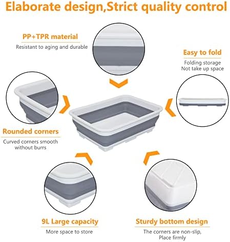 Goderewild Collapsible Dish Pans – 10L (2.6 Gal) Foldable Sink Tub, 14.5'' x 10.5'' x 5", Compact and Space-Saving Multiuse Foldable Basin for Dish Washing, Camping, RV and Vegetable Cleaning