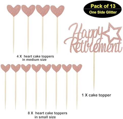 Sotpot 13PCS Rose Gold Glitter Happy Retirement Cake Topper with Heart Cupcake Toppers Retirement Cake Decoration for Retired Party Cake Decoration Party Supplies