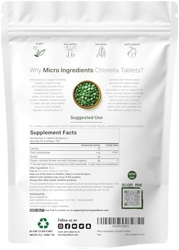 Organic Chlorella Tablets, 500mg Per Tablet, 720 Tabs (360 Grams), 4 Months Supply, Broken Cell Wall, Rich in Vegan Protein & Vitamins, No Filler, No Additives & Non-GMO | Pure Green Algae Superfood