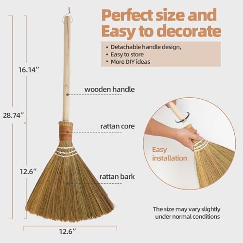 Wedding Broom for Jumping Ceremony，Handmade Natural Whisk Broom with Wooden Handle, for Halloween DIY Decoration, Vietnamese Straw Soft Broom (12.6”Width 28.74” Length)