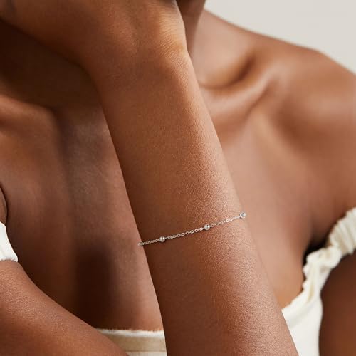 IEFWELL S925 Sterling Silver Bracelet for Women - 14K-Real-Gold-Plated Satellite Bead Chain Bracelet, 6.5/7/7.5/8/8.5/9 Inches Sterling Silver Chain Bracelets, Valentines Gifts Jewelry for Women