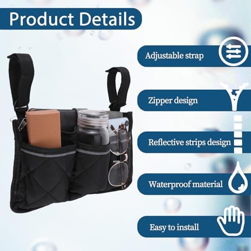 Wheelchair Side Bag, Wheelchair Bag Armres Waterproof Wheelchair Armrest Pouch with Reflective Stripe, Bag for Wheelchair Side Organizer Wheelchair Pouch Side Pocket for Walker Rollator Wheelchair